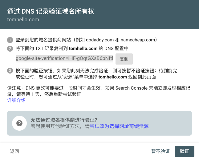 DNS的方式在域名管理平台上去验证所有权