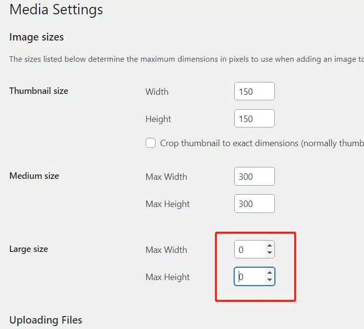 Wordpress media setting