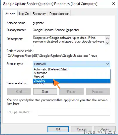 Disable Chrome auto-update service